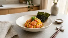 火を使わず切って和えるだけ:プリンスサーモンの「とろたく風」たたき、のり巻きおつまみに